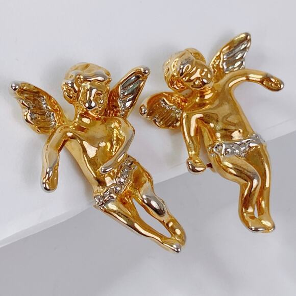 VTG Two-Tone Cherub Angel Clip On Earrings Baroque Revival Figural Romantic - Picture 4 of 11